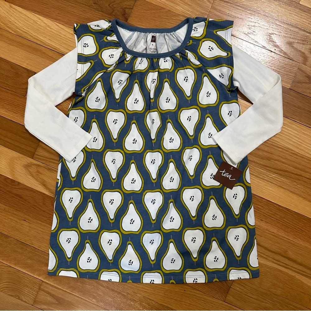 A Peck of Pears Dress by Tea Collection size 4 NWT New Pear Print Long Sleeve